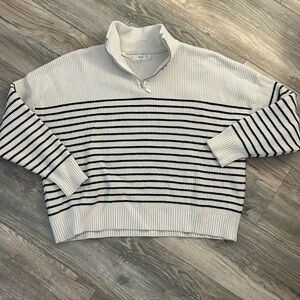 MNG mango cream black striped oversized sweater quarter zip size medium